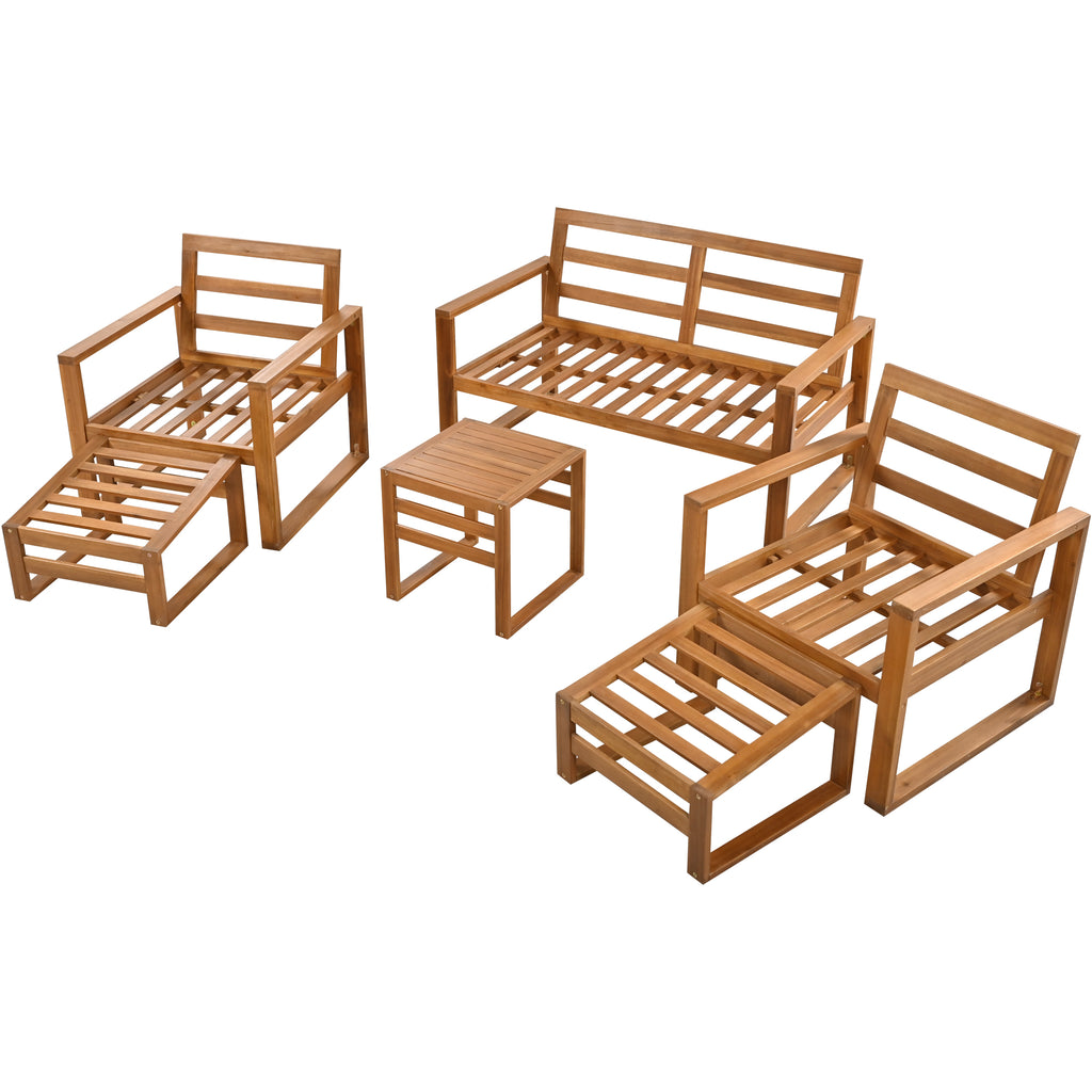 6-Piece Wood Outdoor Patio Conversation Set with Ottomans and Cushions W95514