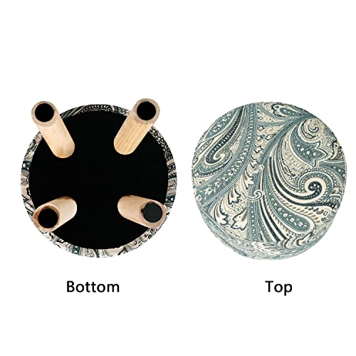 Small Round Ottoman Foot Rest Stool Linen Padded Seat Footstool with Non-Skid Wooden Legs White Black I9157