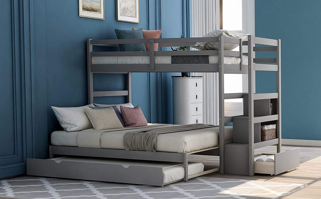 Twin Over Twin Low Bunk Bed with Slide and Ladder Grey I77466
