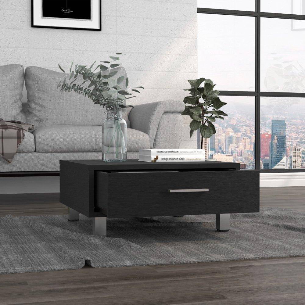 Black Coffee Table with Drawer and Metal Handles W6835