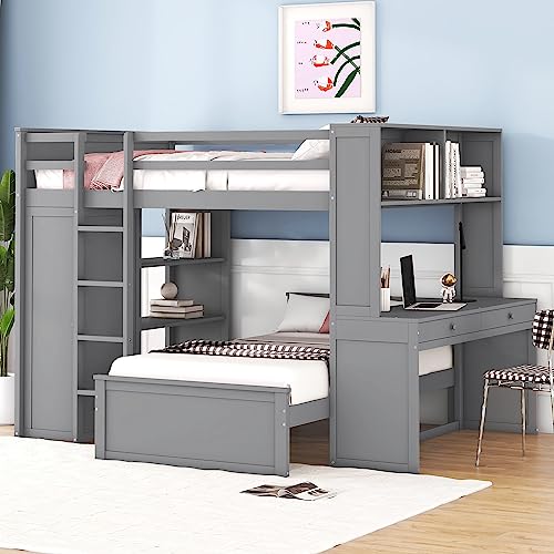 Twin Size Loft Bed with Built-in Desk & Wardrobes, Wood Bedframe with 4 Drawers & 4 Shelves, Gray E374340