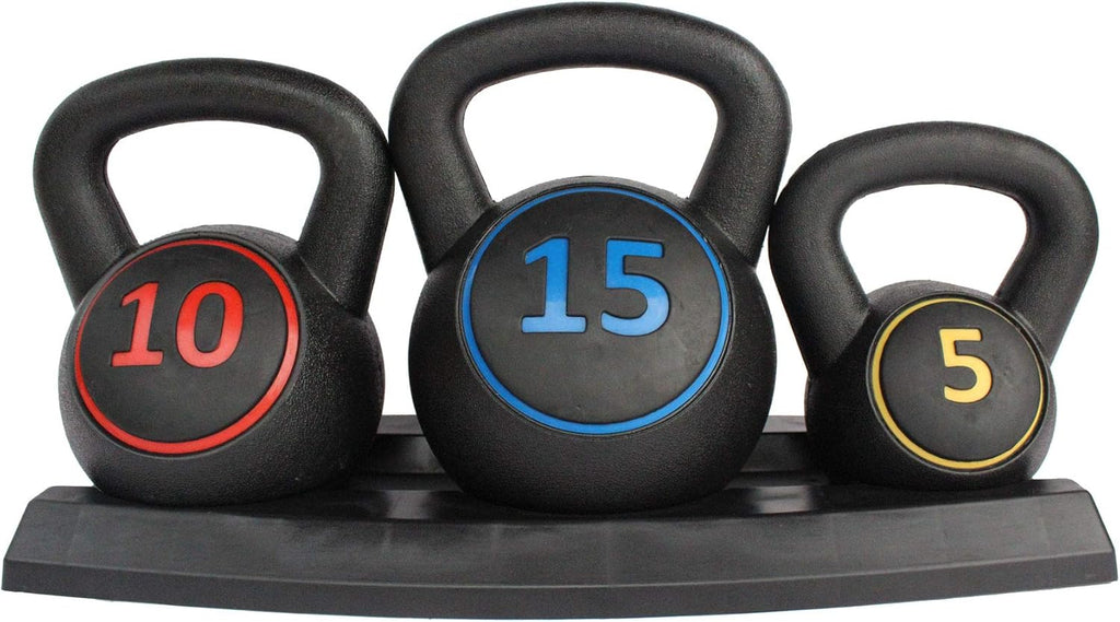 3-Piece Kettlebell Weight Set with 5lb, 10lb, 15lb Weights and Base Rack C6149