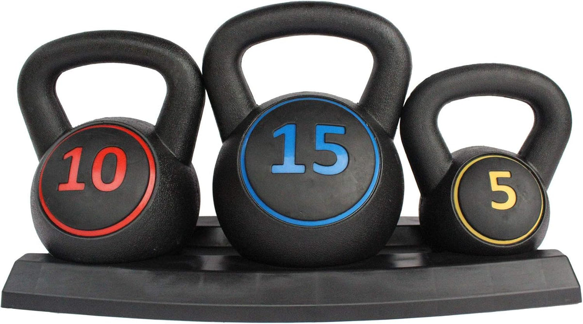3-Piece Kettlebell Weight Set with 5lb, 10lb, 15lb Weights and Base Rack C6149