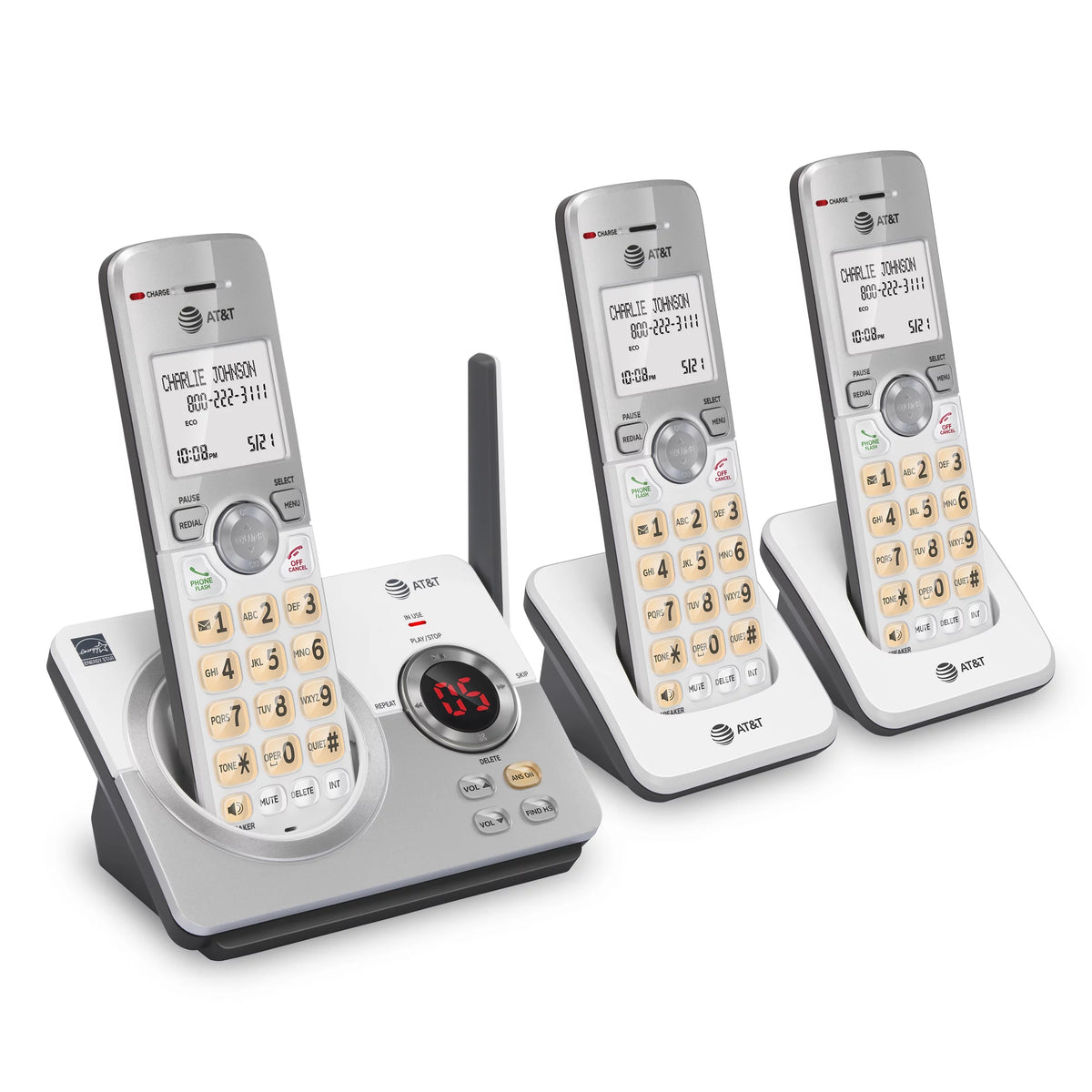 Expandable Cordless Phone with Answering System and Caller ID, 3 Handsets, White/Silver U28994