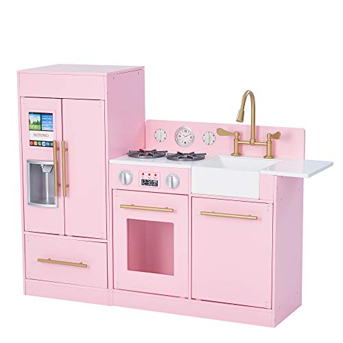 Wooden Play Kitchen with Refrigerator, Oven, Sink, and Storage Space, White C4919
