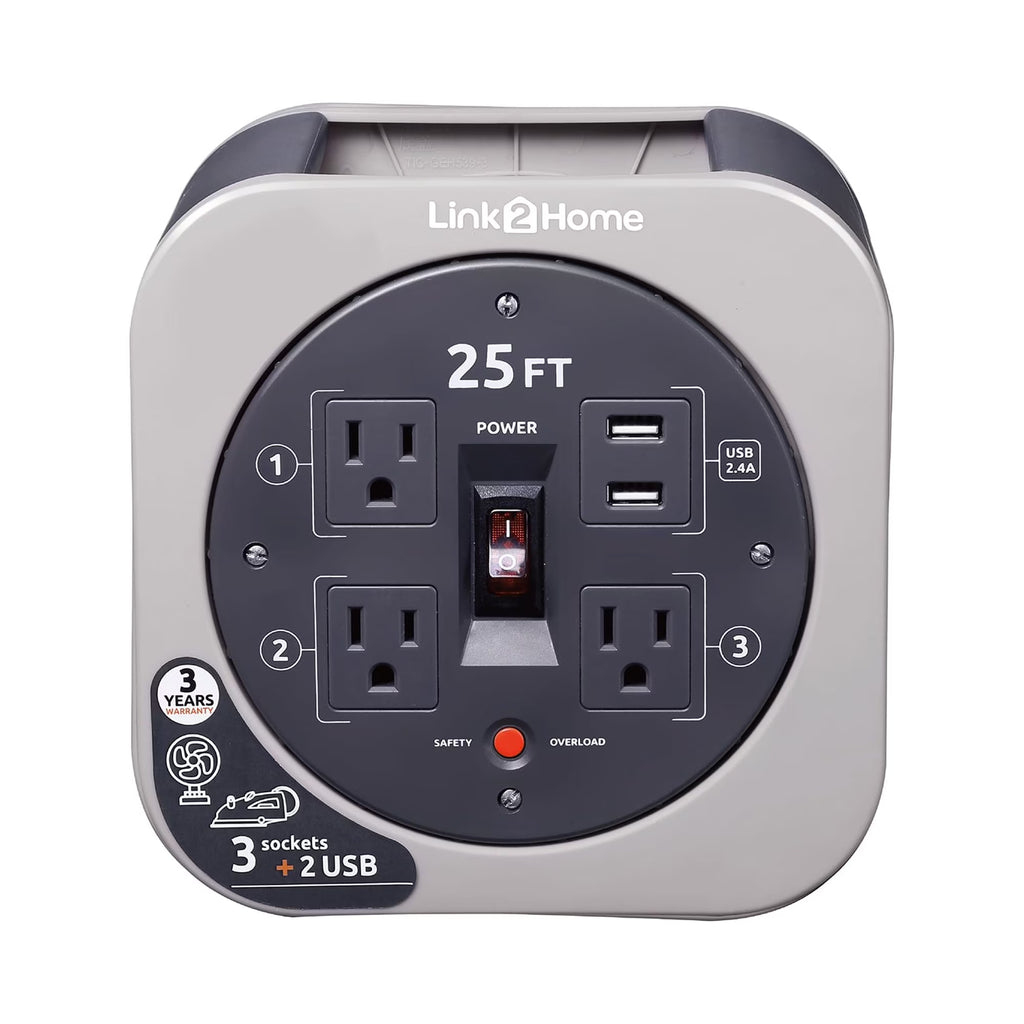 Cord Reel 25 ft Extension Cord with 3 Power Outlets and 2 USB Ports B241125