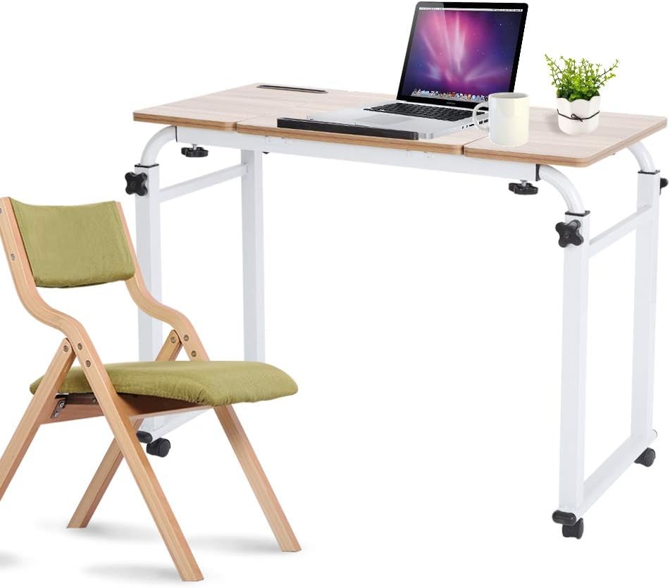 Overbed Table Mobile Computer Desk with Wheels Metal Legs Storage Shelves 47.24inch Black W433