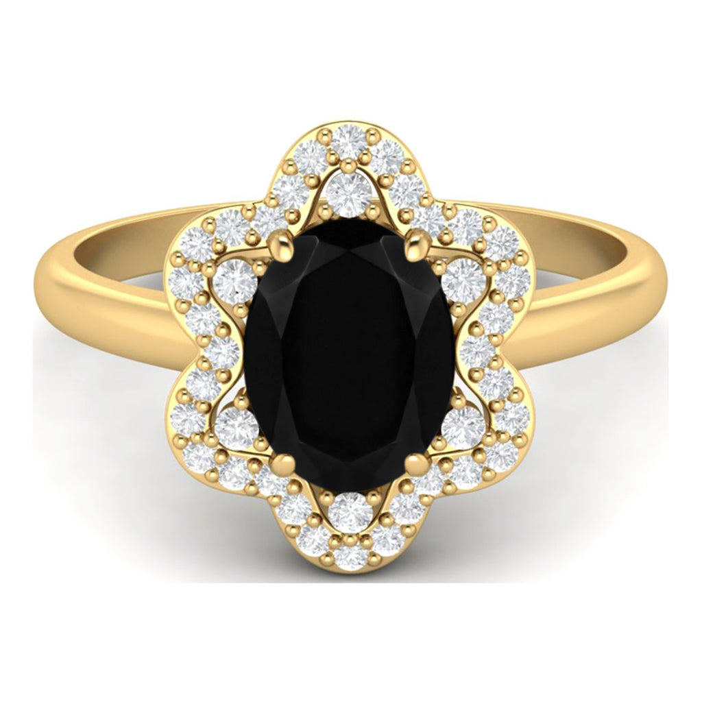 Black Spinel 925 Silver Yellow Plated Oval Ring T4491
