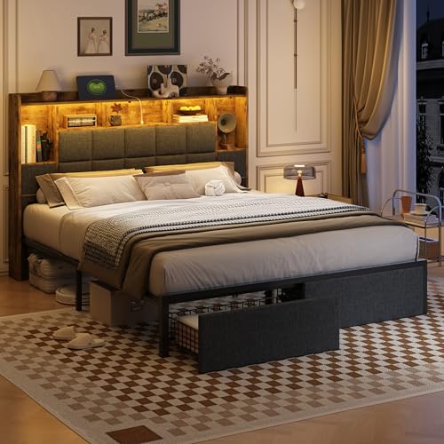 Full Size LED Upholstered Platform Bed Frame with Bookshelf Headboard and 2 Hidden Storage Drawers J35091
