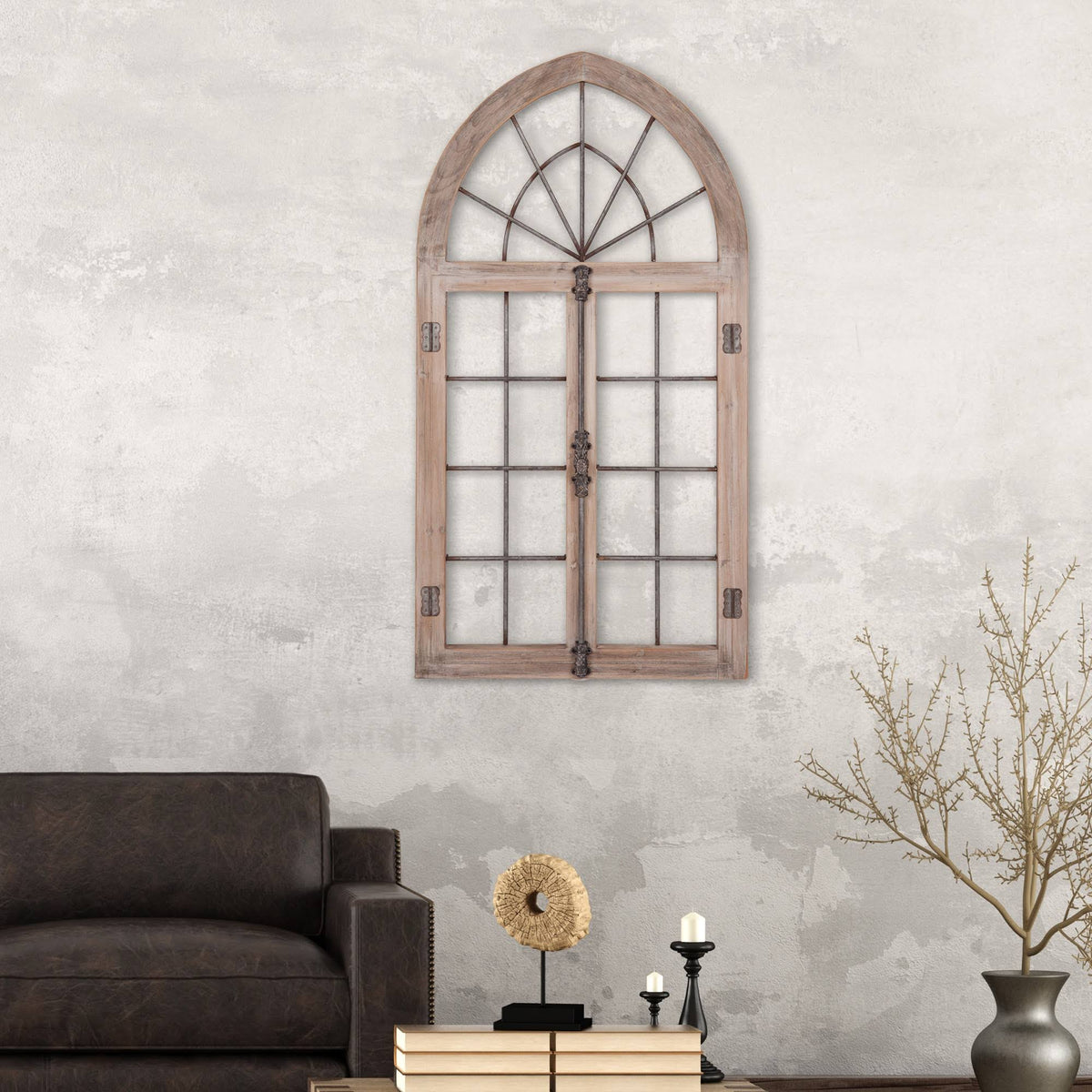 Distressed Gray Arched Cathedral Window Frame Wall Décor H81116