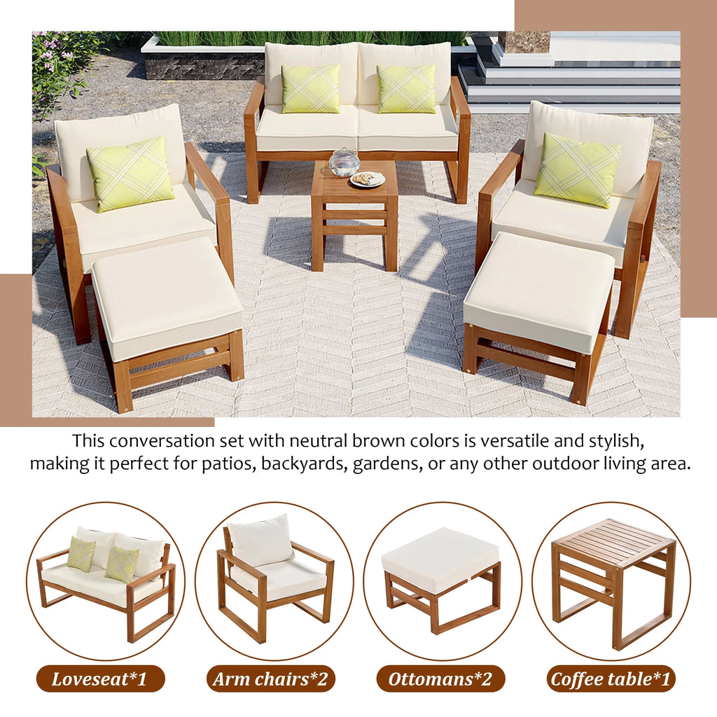 6-Piece Wood Outdoor Patio Conversation Set with Ottomans and Cushions W95514