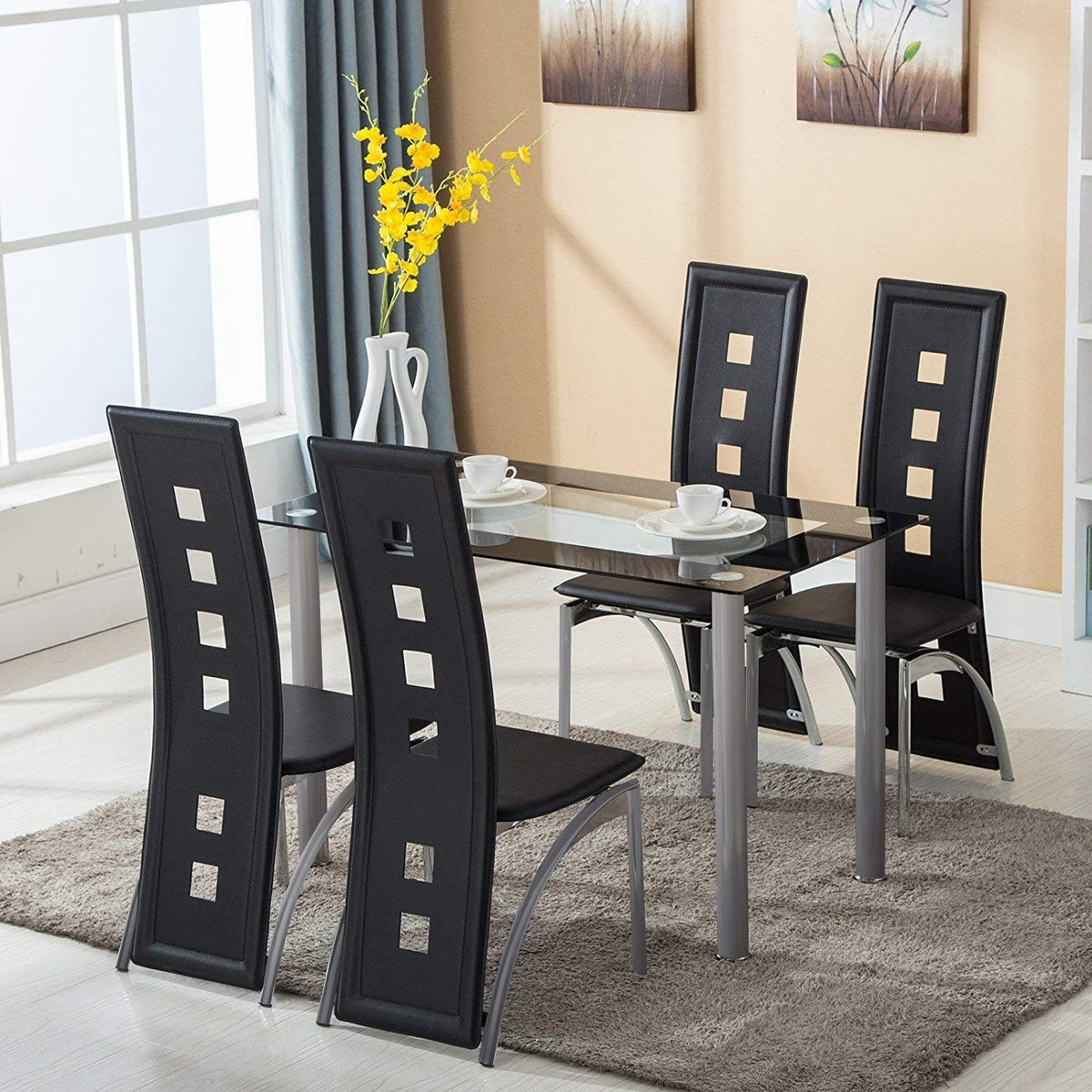 Transparent & Black Tempered Glass Dining Table Set with 4pcs Chairs R33781