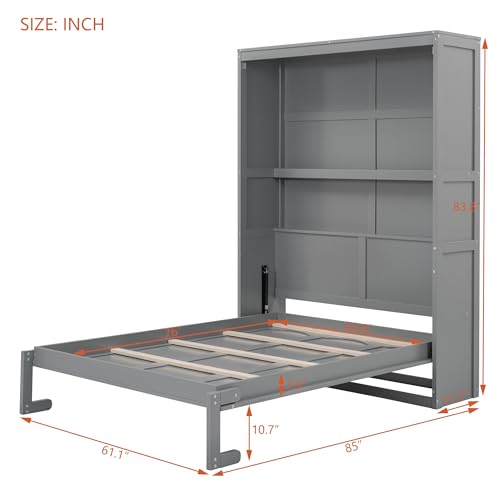 Queen Size Murphy Bed with Storage Shelves Gray D5483