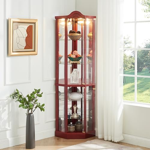 Antique Style Glass Corner Curio Display Cabinet with Adjustable Shelves and Push-to-Open Doors (Cherry) C926