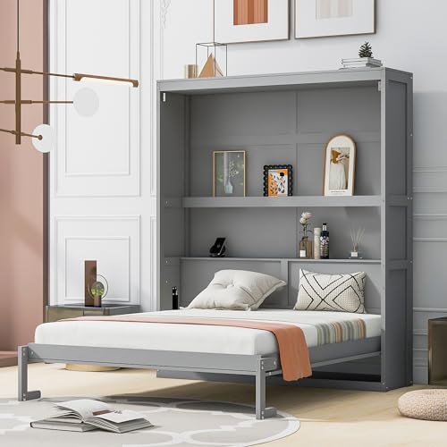 Queen Size Murphy Bed with Storage Shelves Gray D5483