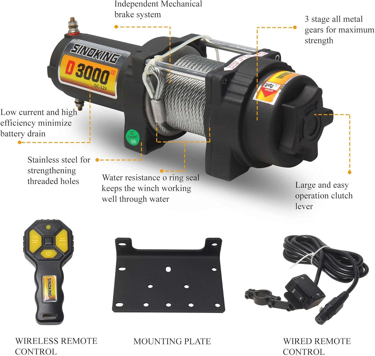 12VDC 3000LB UTV ATV Winch with Steel Cable Electric Winch Kit with Wireless Remote Control M4744