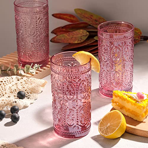 6 Pack Pink 12oz Highball Embossed Beverage Glass Cup K58805