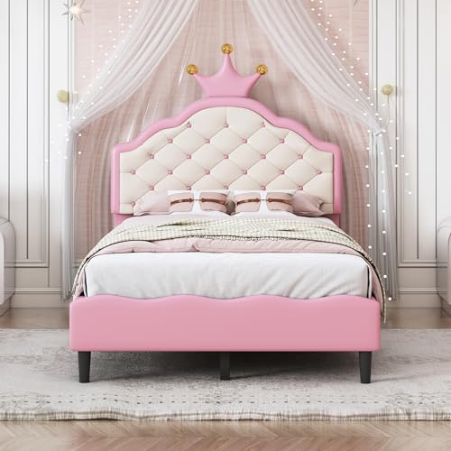Twin Size Pink Upholstered Bed Frame with Tufted Headboard G517136