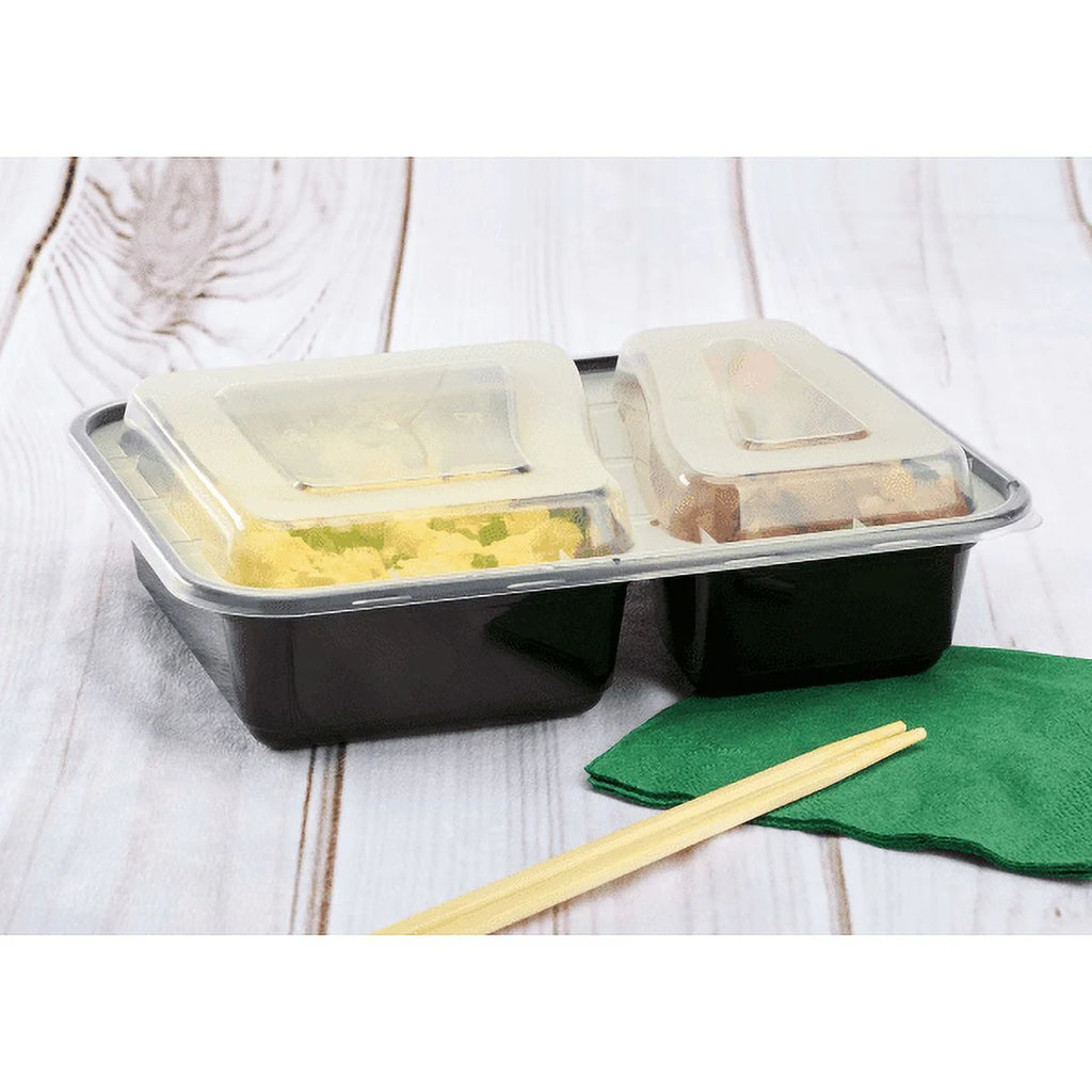 38 oz. Black Rectangular 2-Compartment Food Containers with Clear Lids G89960