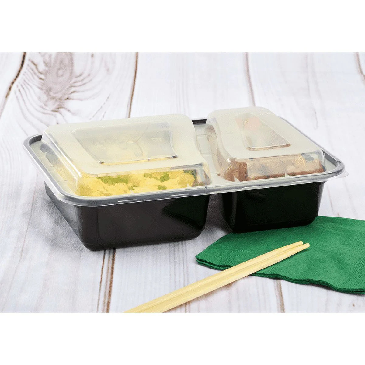 38 oz. Black Rectangular 2-Compartment Food Containers with Clear Lids G89960