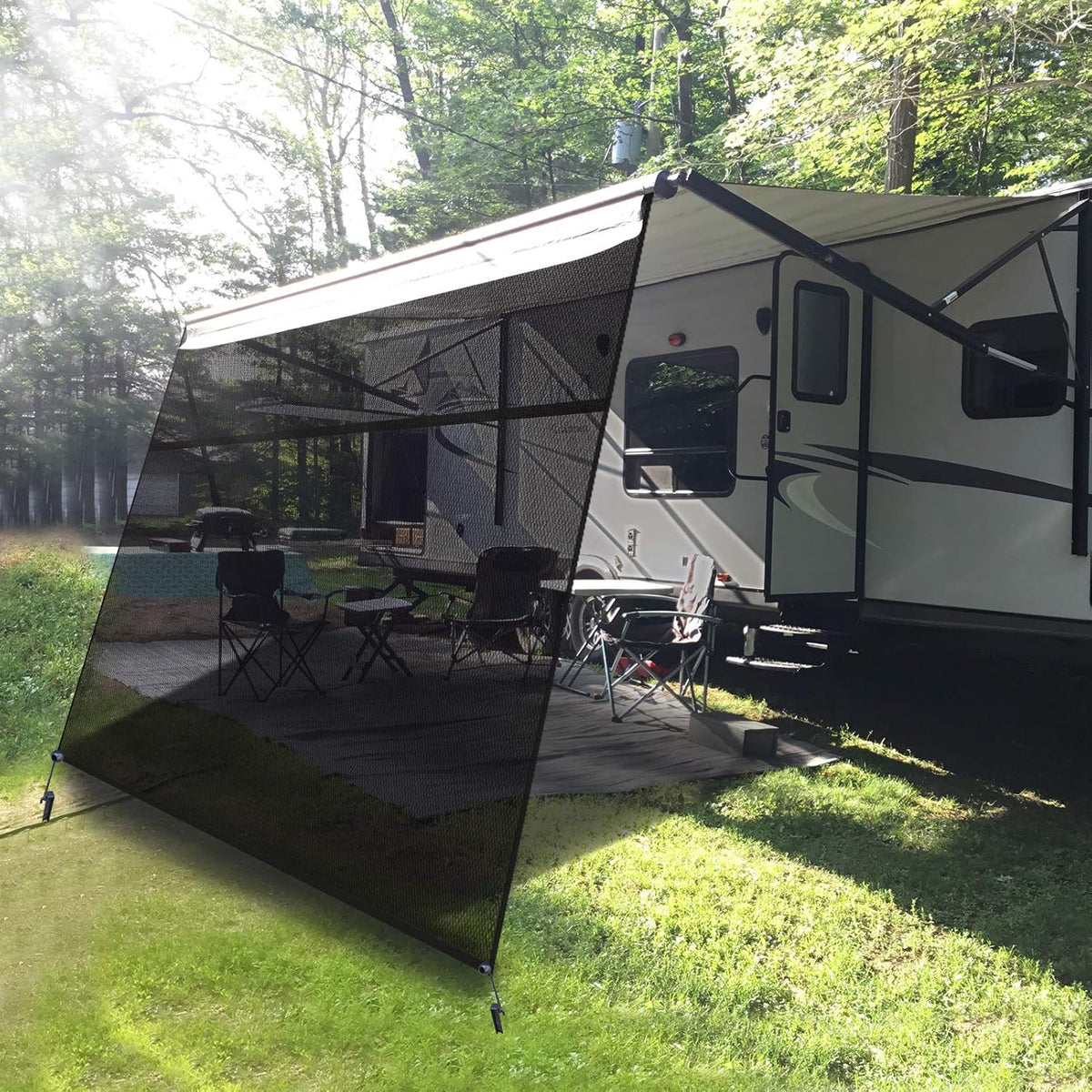 RV Awning Sun Shade Screen with Zipper 15' x 9' Black Mesh J861