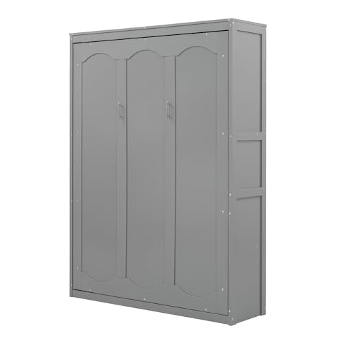 Queen Size Murphy Bed with Storage Shelves Gray D5483