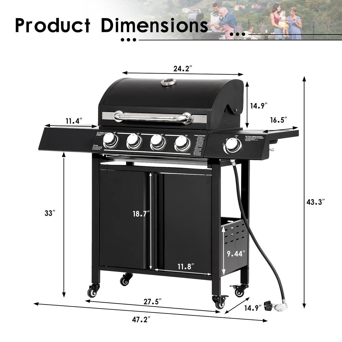 4-Burner Propane Gas Grill with Side Burner V165