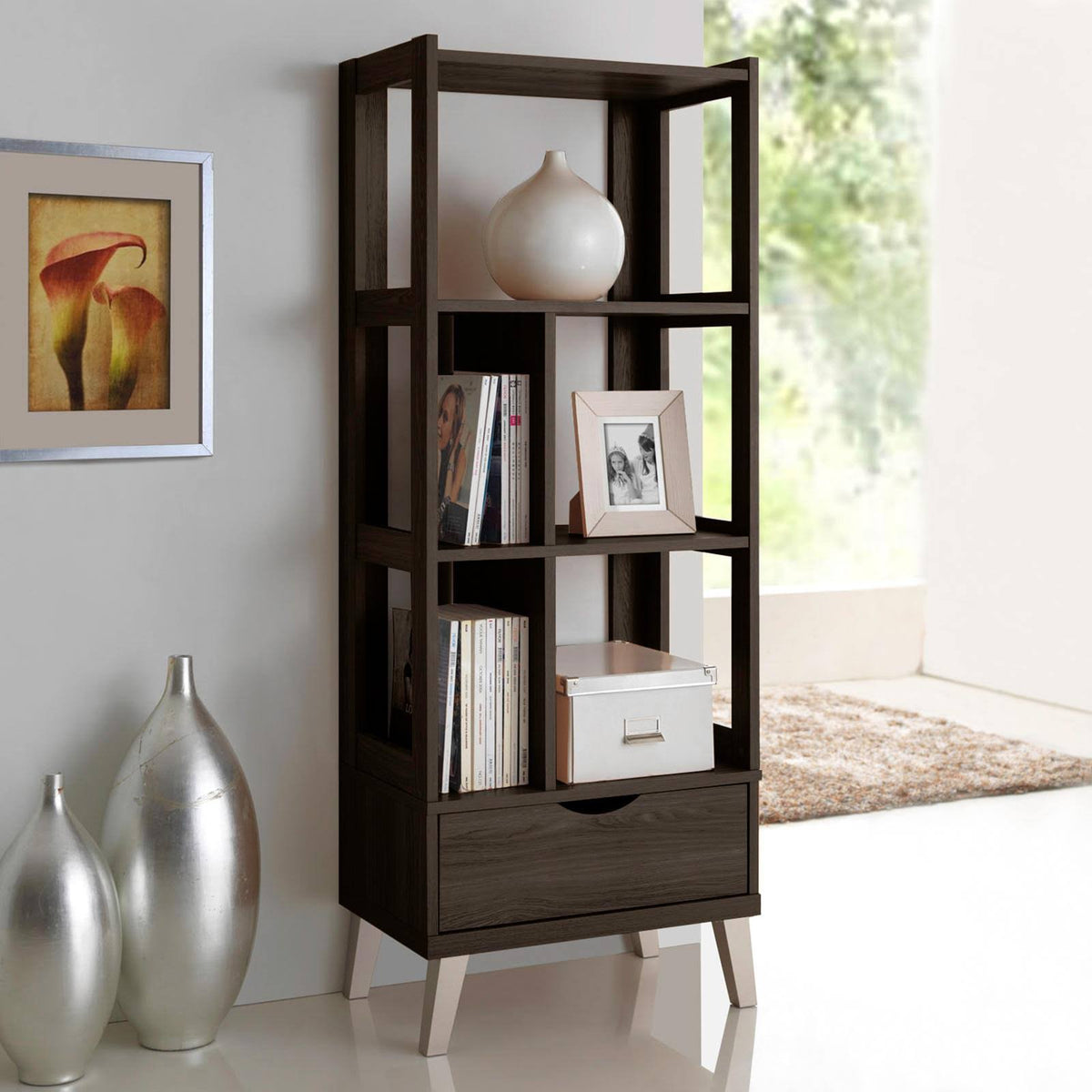 Dark Brown Wood Leaning Bookcase Y56357