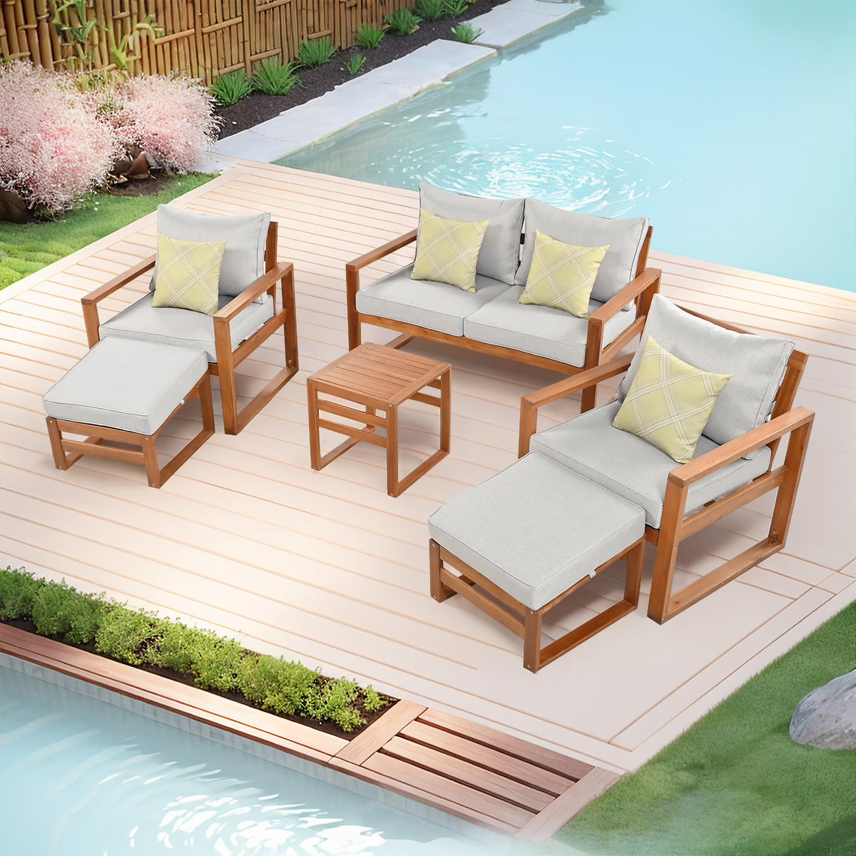 6-Piece Wood Outdoor Patio Conversation Set with Ottomans and Cushions W95514