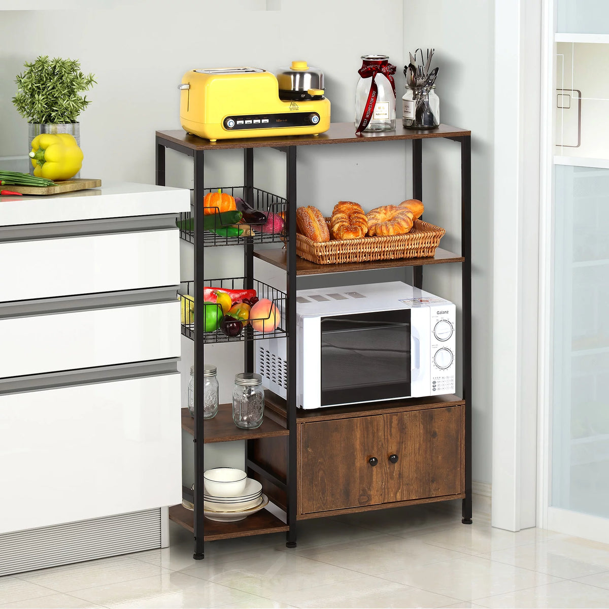 5-Tier Wood Brown Kitchen Bakers Rack with Cabinet R4535