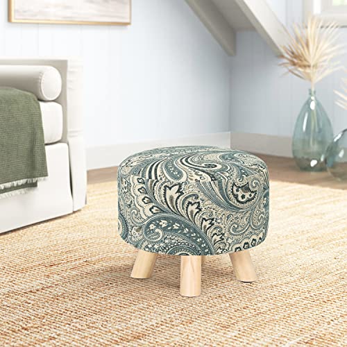 Small Round Ottoman Foot Rest Stool Linen Padded Seat Footstool with Non-Skid Wooden Legs White Black I9157