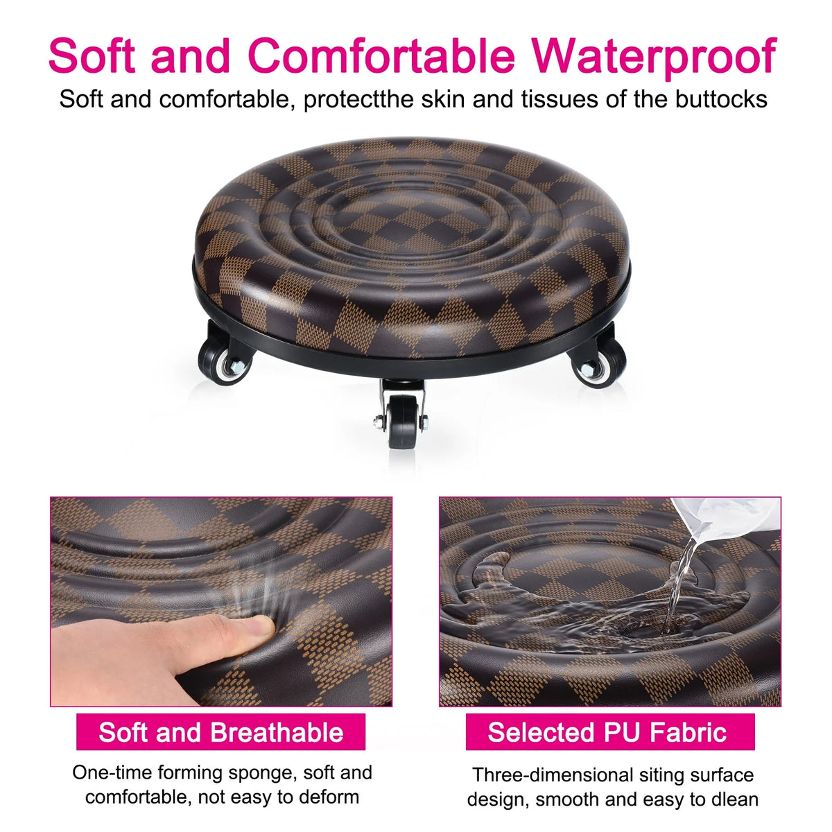 Brown PU Leather Rolling Stool W893239