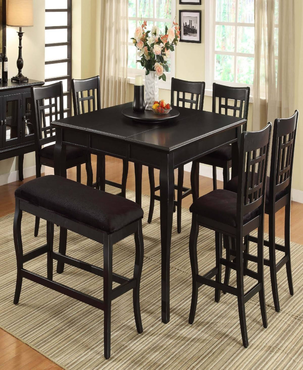 Black Wooden Counter Height Table with Lazy Susan J30702