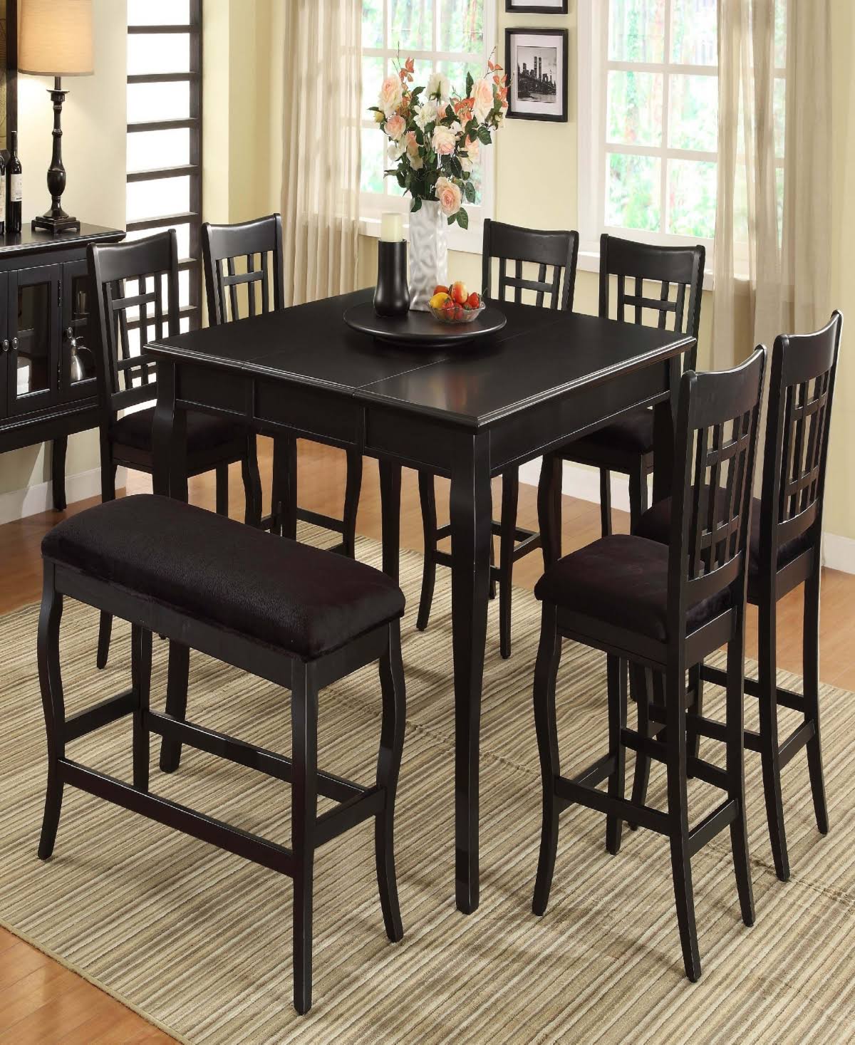 Black Wooden Counter Height Table with Lazy Susan J30702