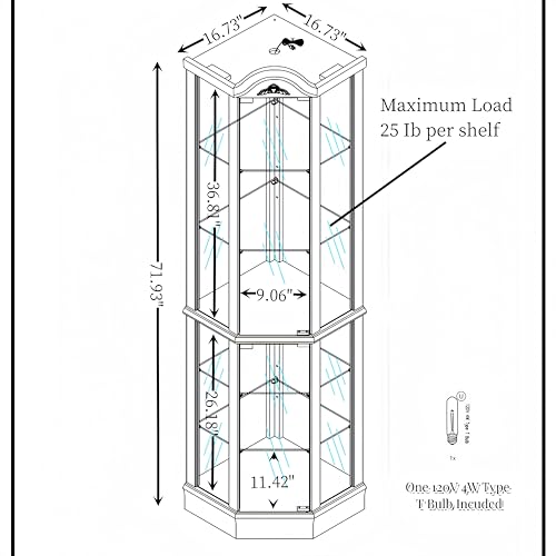Antique Style Glass Corner Curio Display Cabinet with Adjustable Shelves and Push-to-Open Doors (Cherry) C926