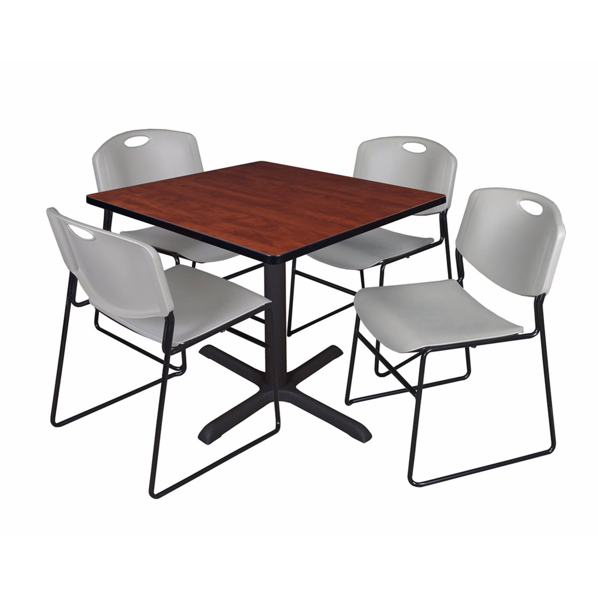 Cherry Square Breakroom Table & 4 Grey Stack Chairs A6038