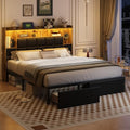Full Size LED Upholstered Platform Bed Frame with Bookshelf Headboard and 2 Hidden Storage Drawers J35091
