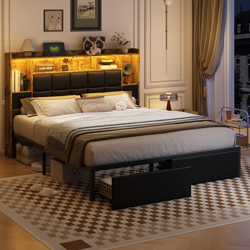 Full Size LED Upholstered Platform Bed Frame with Bookshelf Headboard and 2 Hidden Storage Drawers J35091