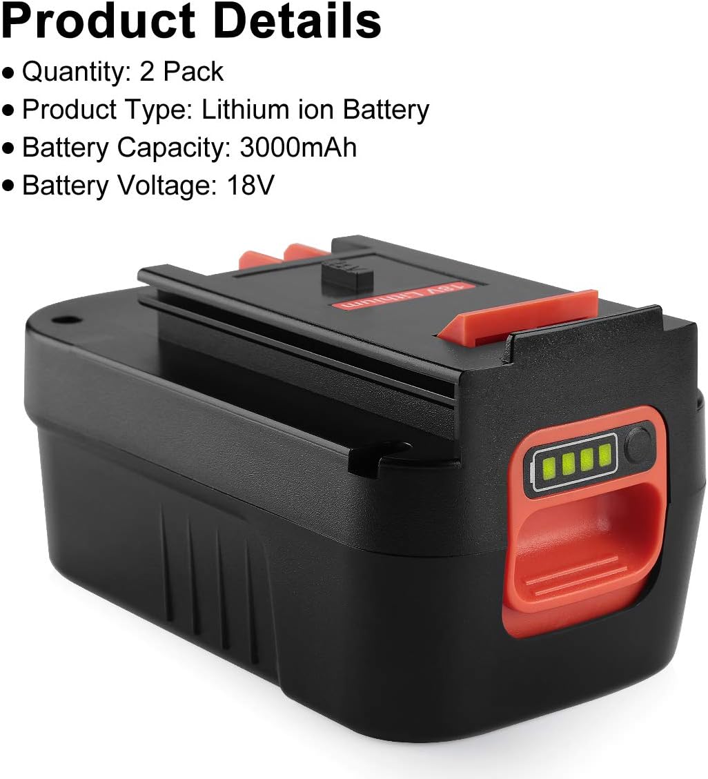 2Pack 3.0Ah Lithium Replacement Battery for Black and Decker 18 Volt Battery W117
