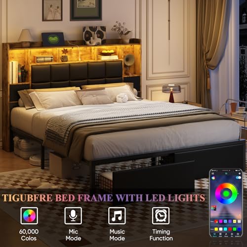 Full Size LED Upholstered Platform Bed Frame with Bookshelf Headboard and 2 Hidden Storage Drawers J35091