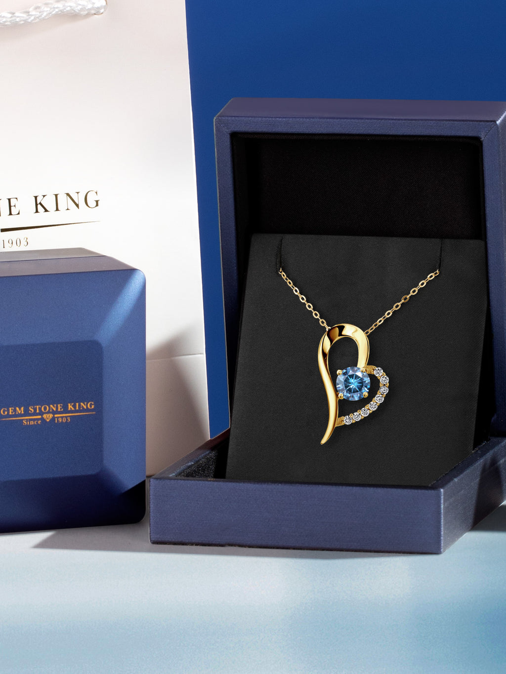 18K Yellow Gold Plated Silver Persian Blue Moissanite Heart Shape Pendant Necklace with 18 inch Chain M31389