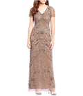 Taupe Petite V-Neck Beaded Gown Q731127