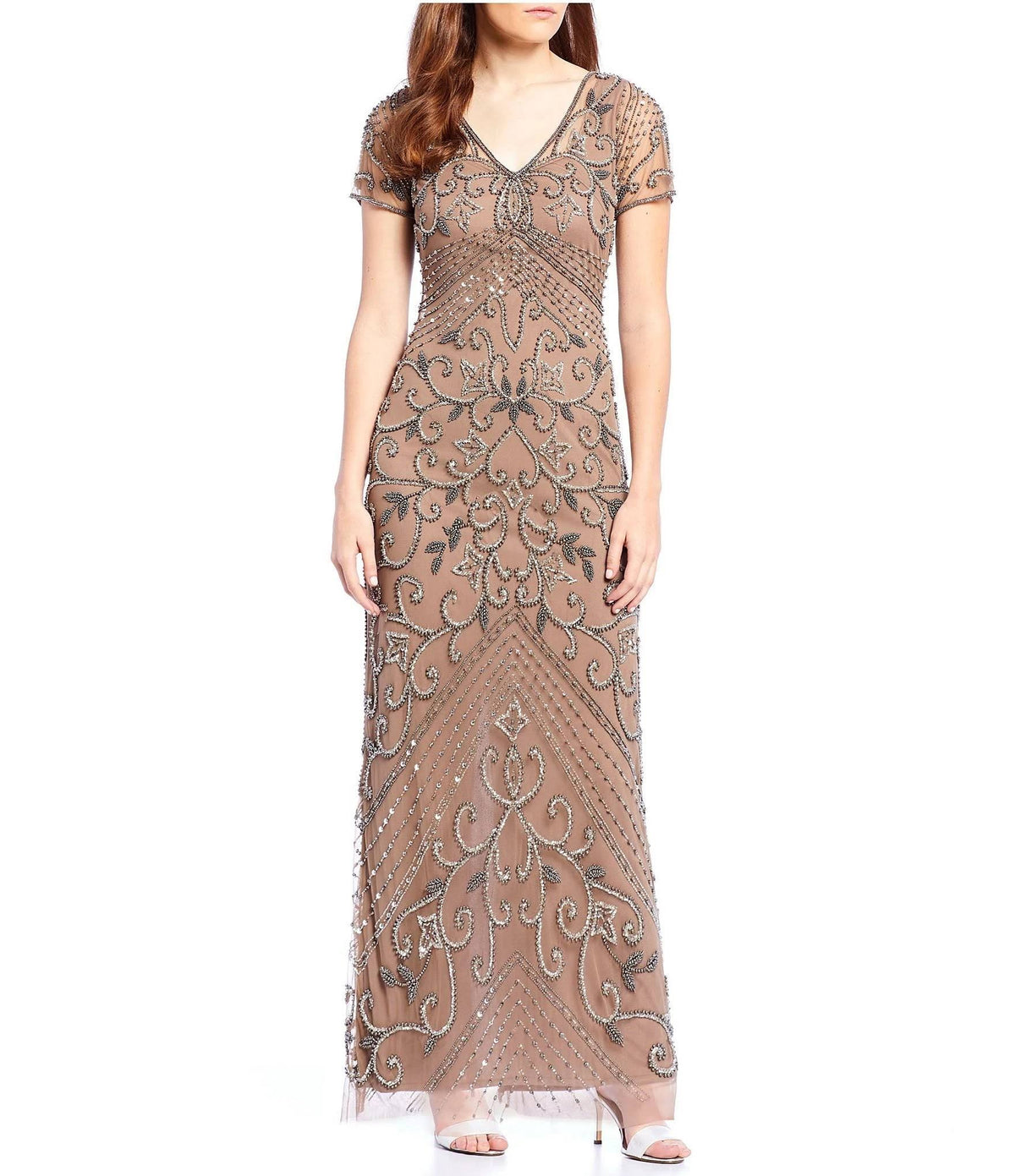 Taupe Petite V-Neck Beaded Gown Q731127