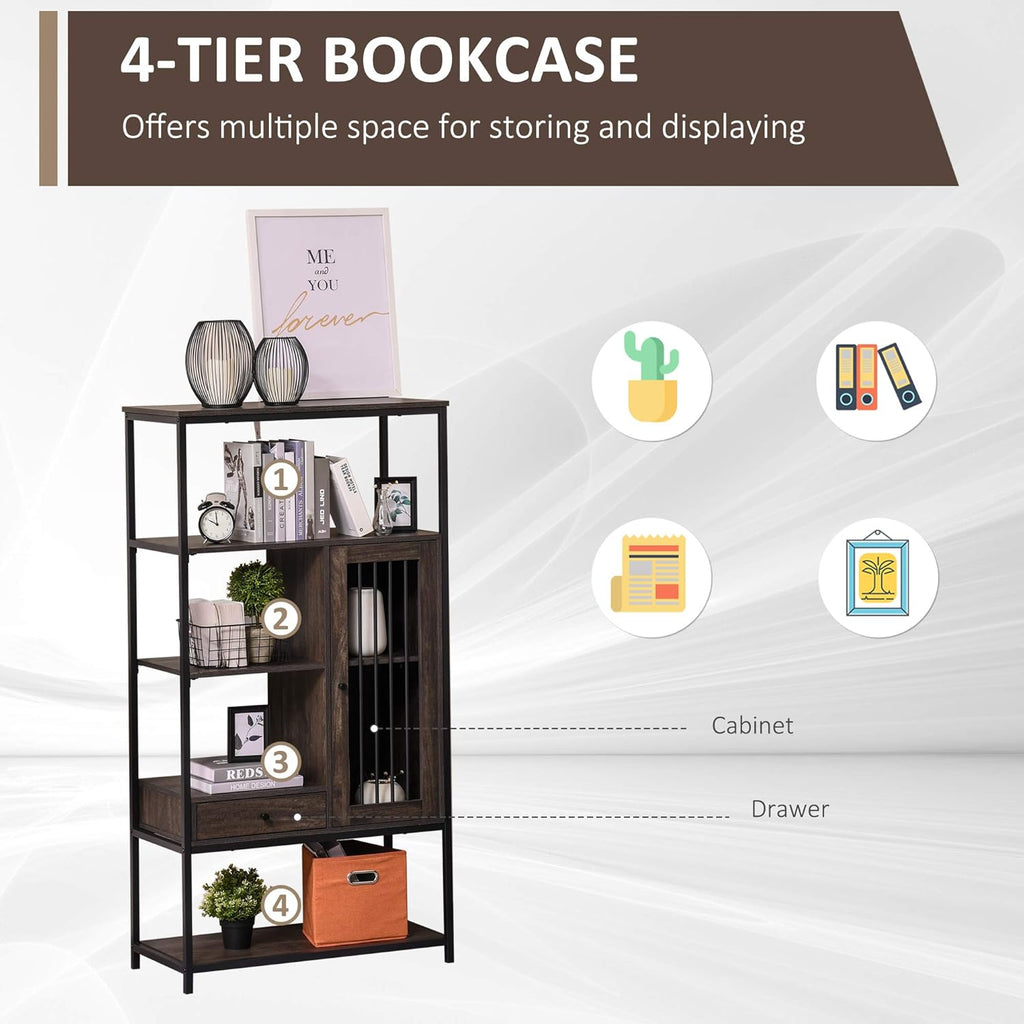4-Tier Industrial Style Bookcase with Drawer and Cabinet Y198924
