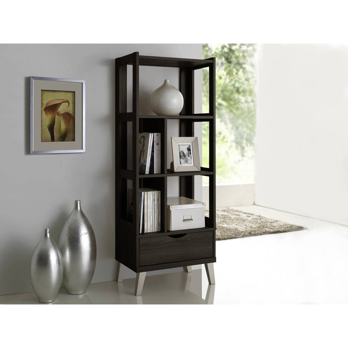 Dark Brown Wood Leaning Bookcase Y56357
