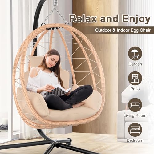 Hanging Egg Chair with Stand, UV Resistant Cushion & Pillow, 370lbs Capacity, Beige N878373