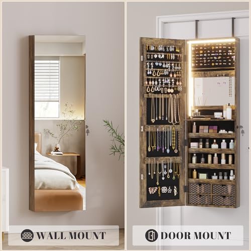 47.2" LED Grey Jewelry Mirror Cabinet with 4 Drawers 5 Shelves A373306