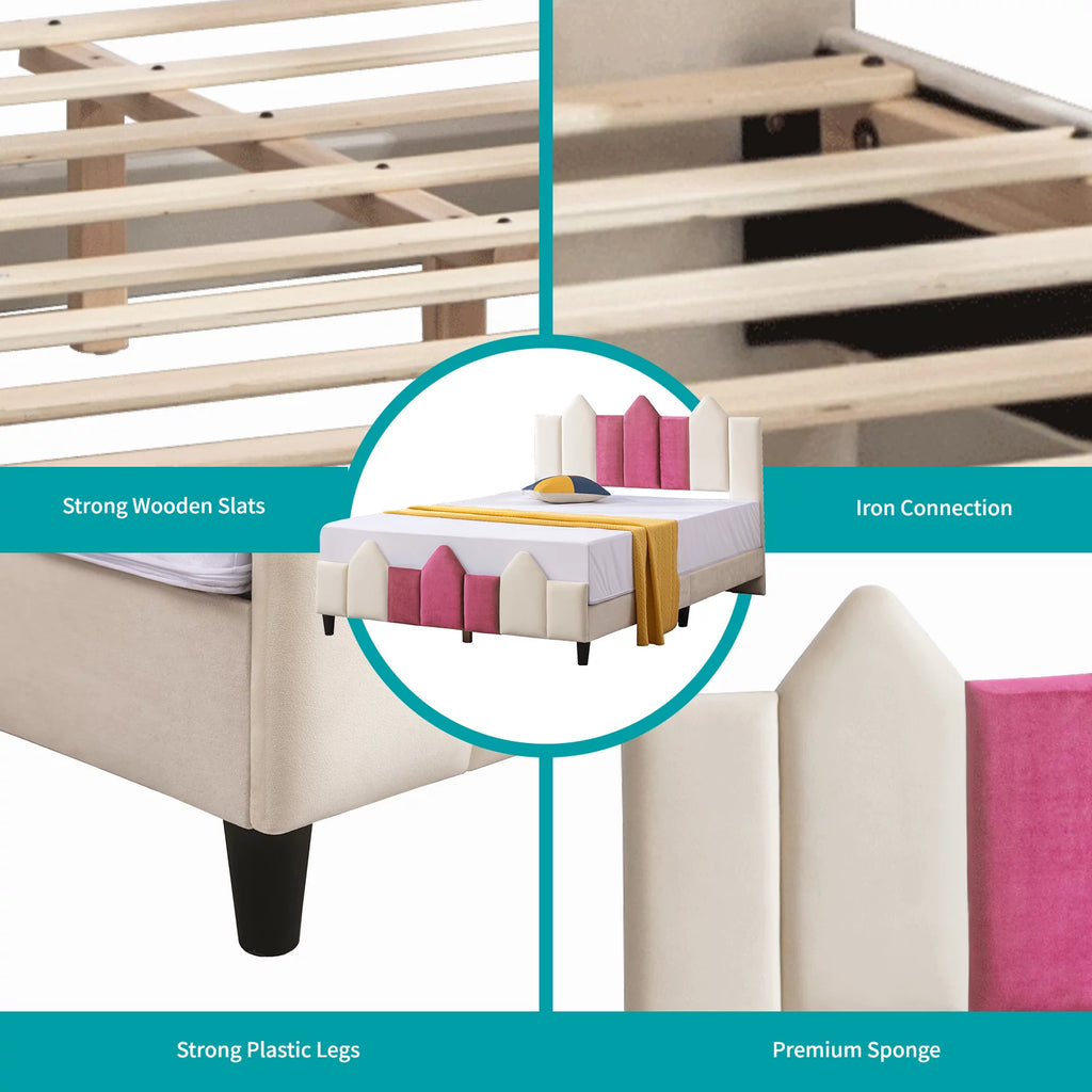 Pink Full Wood Upholstered Bed Frame with Headboard C460743