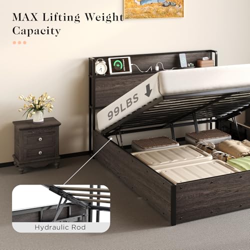 Full Size Wooden Platform Bed Frame with Storage Headboard H2302