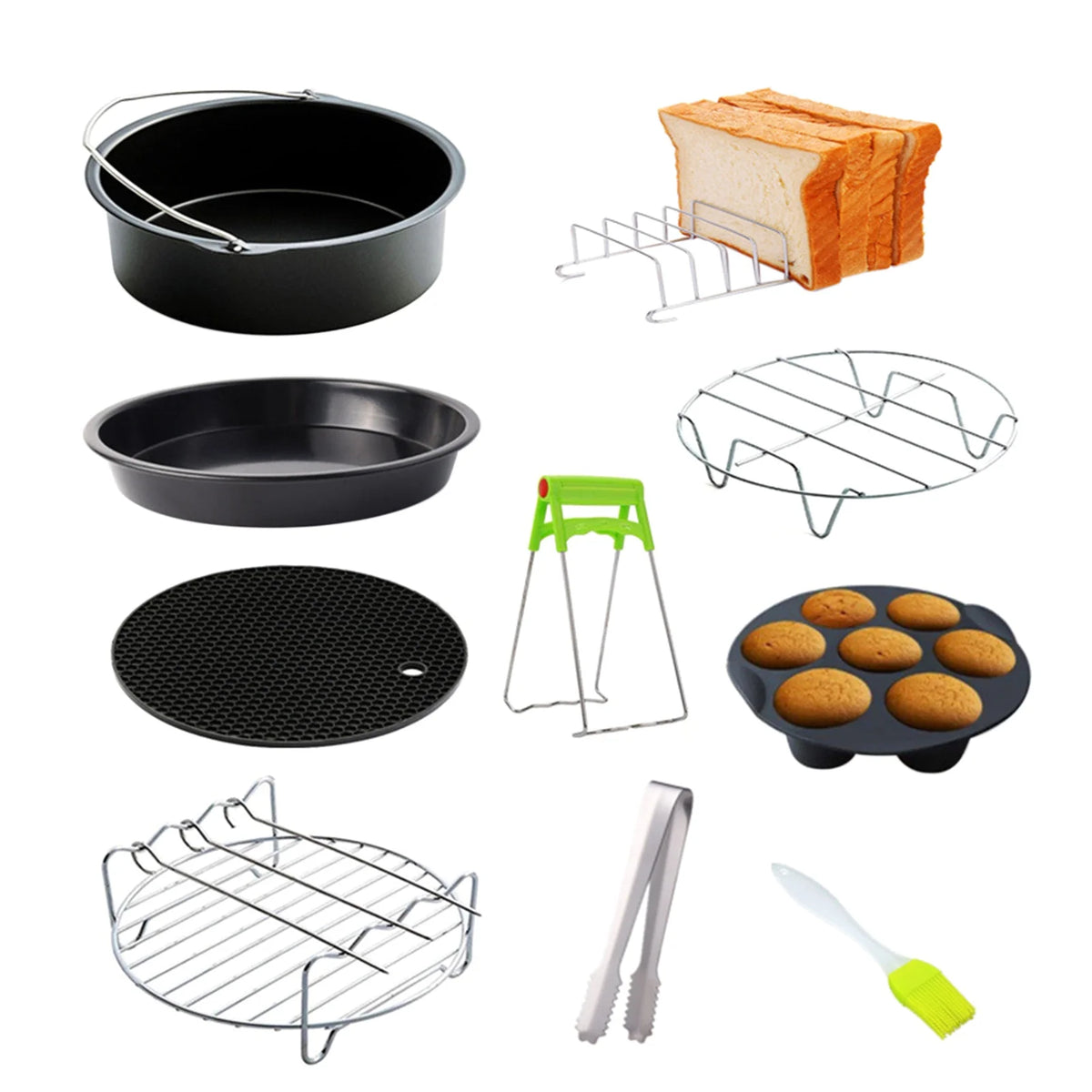 10Pcs Air Fryer Accessory Kit with Baking Pan Rack Pizza Tray E51746